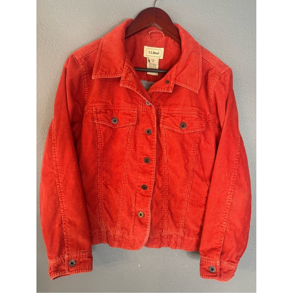 LL Bean Stretch Corduroy Trucker Jacket Womens Medium Burnt Orange Lined